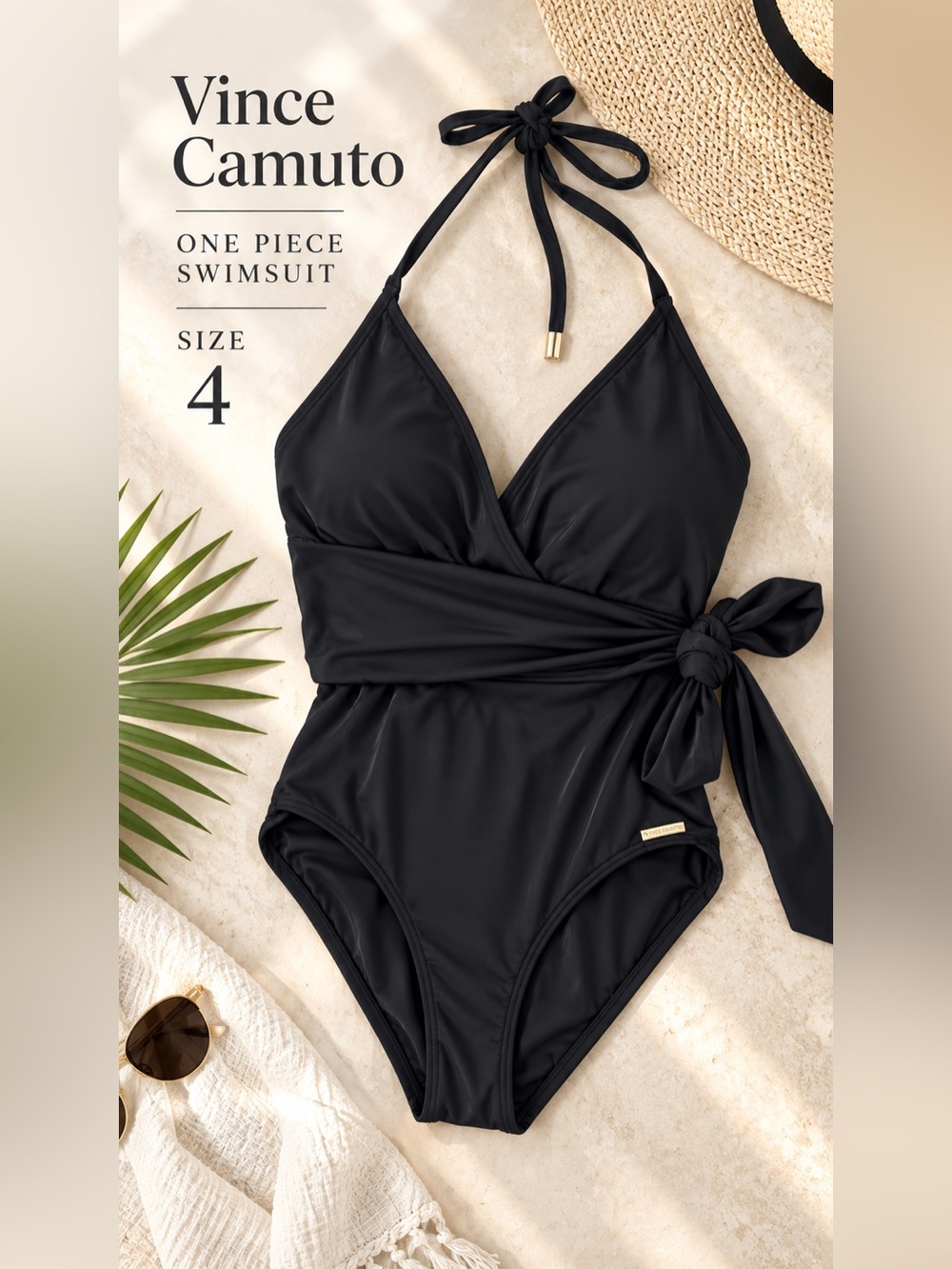 Vince Camuto Black Wrap Tie Halter One Piece Swimsuit Size 4